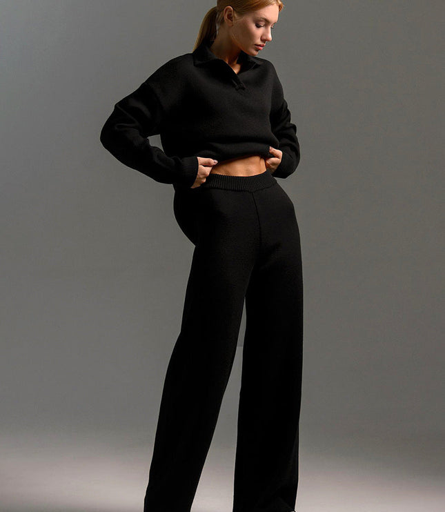Women's Polo Sweater and Wide-Leg Pants Lounge Set