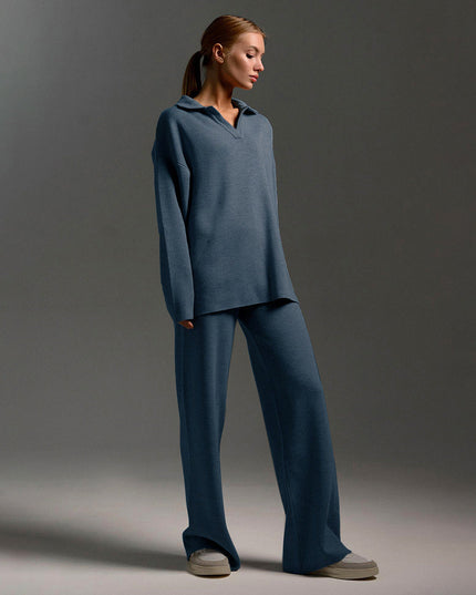 Women's Polo Sweater and Wide-Leg Pants Lounge Set