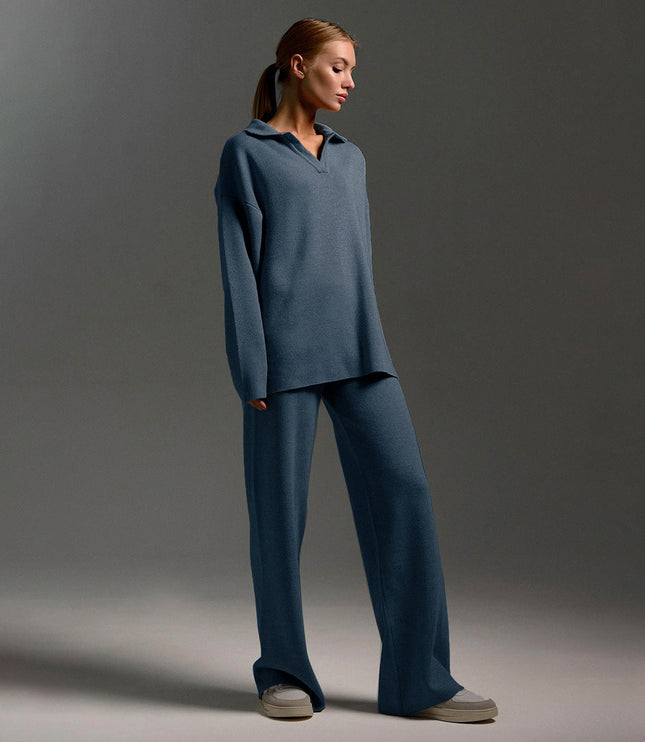 Women's Polo Sweater and Wide-Leg Pants Lounge Set