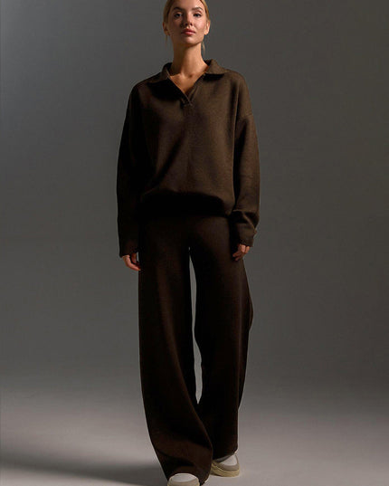 Women's Polo Sweater and Wide-Leg Pants Lounge Set