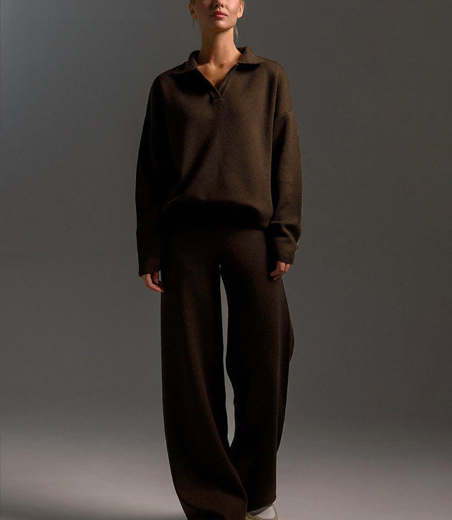 Women's Polo Sweater and Wide-Leg Pants Lounge Set