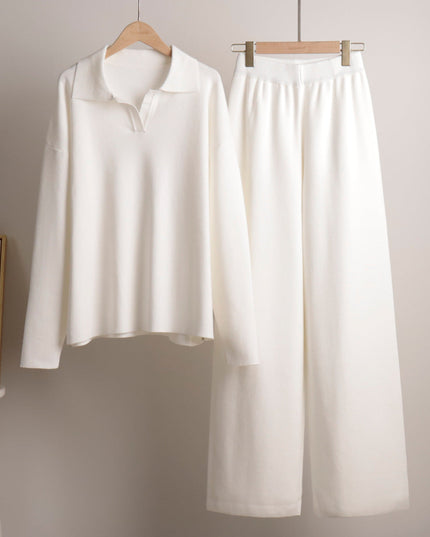 Women's Polo Sweater and Wide-Leg Pants Lounge Set
