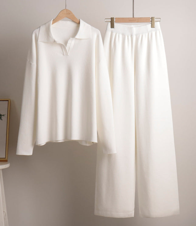 Women's Polo Sweater and Wide-Leg Pants Lounge Set