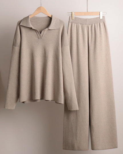 Women's Polo Sweater and Wide-Leg Pants Lounge Set