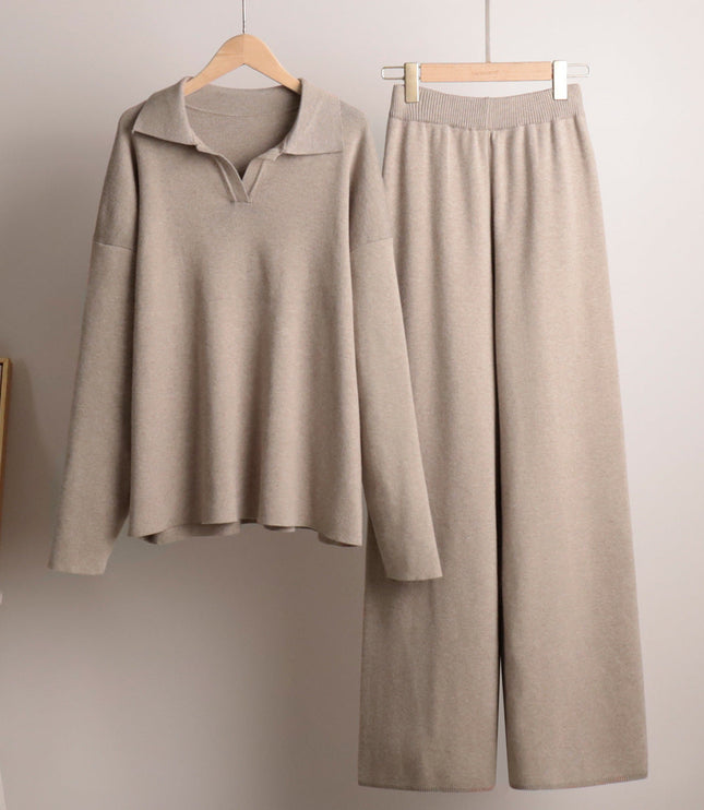 Women's Polo Sweater and Wide-Leg Pants Lounge Set