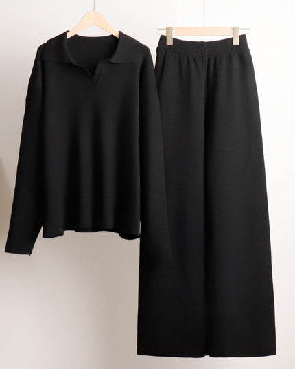 Women's Polo Sweater and Wide-Leg Pants Lounge Set