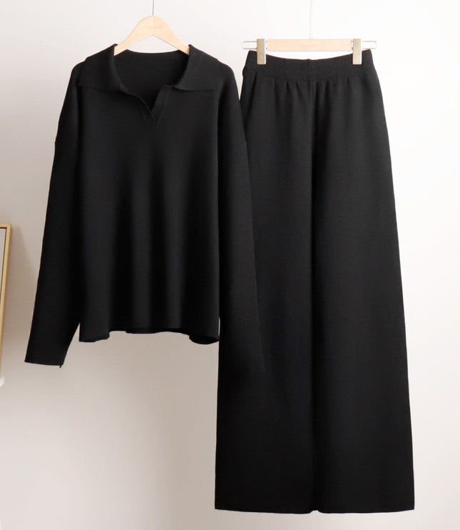 Women's Polo Sweater and Wide-Leg Pants Lounge Set