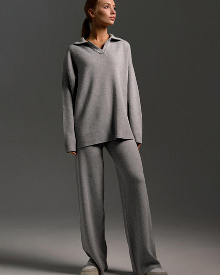 Women's Polo Sweater and Wide-Leg Pants Lounge Set