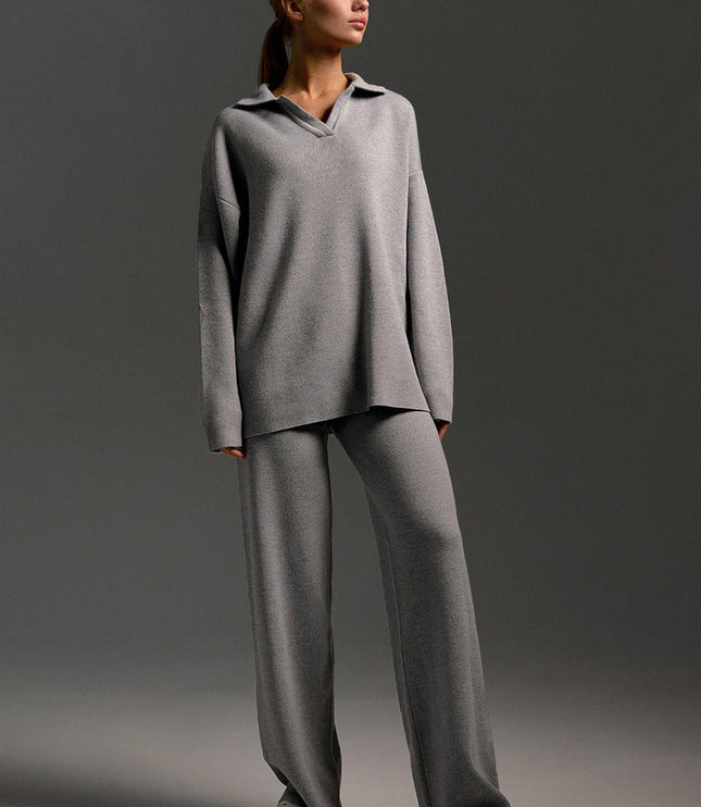 Women's Polo Sweater and Wide-Leg Pants Lounge Set