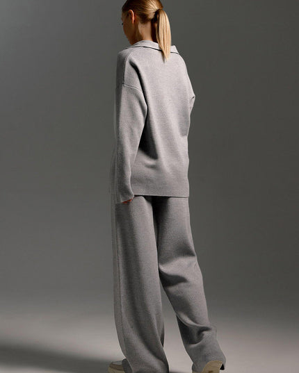 Women's Polo Sweater and Wide-Leg Pants Lounge Set