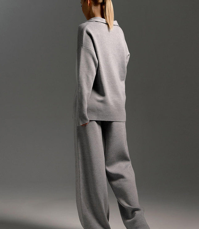 Women's Polo Sweater and Wide-Leg Pants Lounge Set