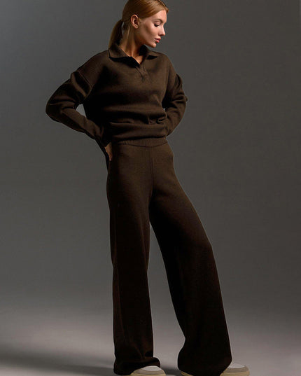 Women's Polo Sweater and Wide-Leg Pants Lounge Set