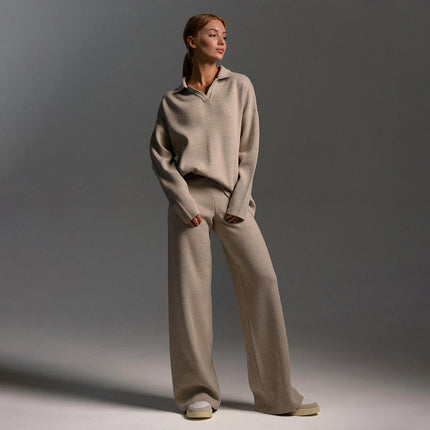 Women's Polo Sweater and Wide-Leg Pants Lounge Set