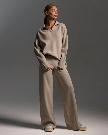 Women's Polo Sweater and Wide-Leg Pants Lounge Set