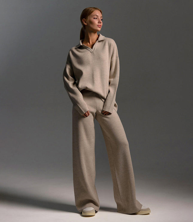 Women's Polo Sweater and Wide-Leg Pants Lounge Set