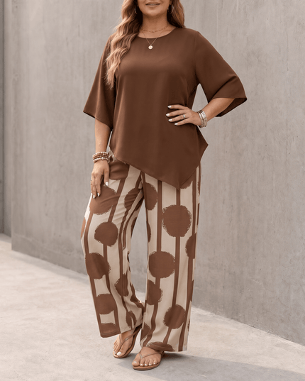 Women's Printed Wide Leg Pants with a Flowing Asymmetric Top