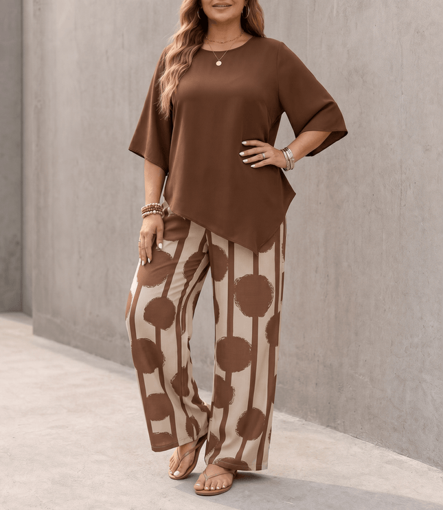 Women's Printed Wide Leg Pants with a Flowing Asymmetric Top