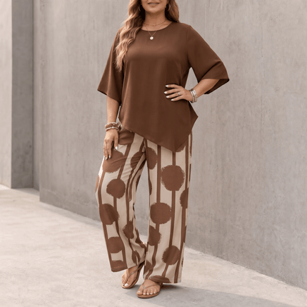 Women's Printed Wide Leg Pants with a Flowing Asymmetric Top