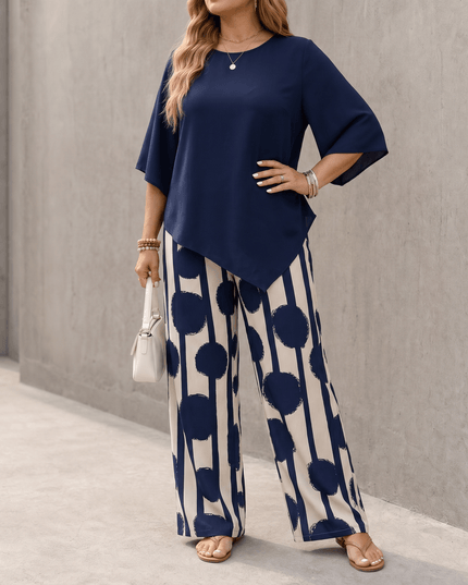 Women's Printed Wide Leg Pants with a Flowing Asymmetric Top