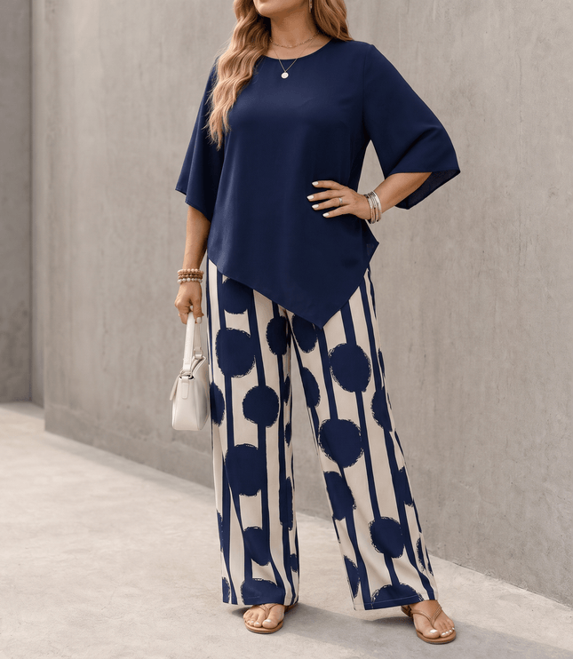 Women's Printed Wide Leg Pants with a Flowing Asymmetric Top