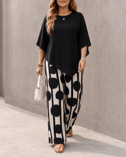 Women's Printed Wide Leg Pants with a Flowing Asymmetric Top