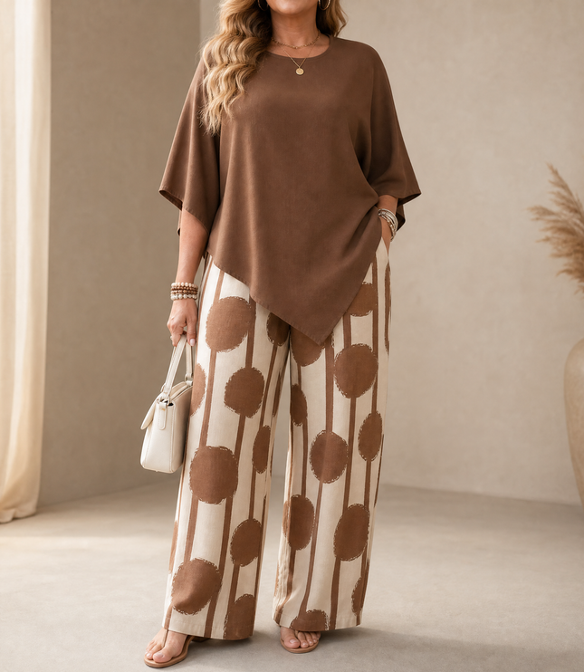 Women's Printed Wide Leg Pants with a Flowing Asymmetric Top