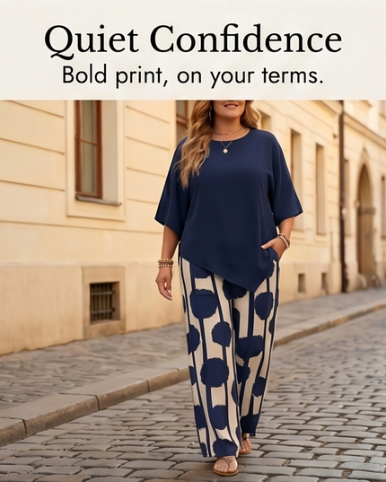Women's Printed Wide Leg Pants with a Flowing Asymmetric Top