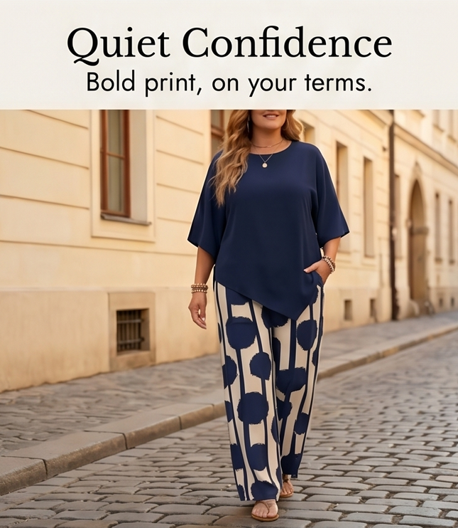 Women's Printed Wide Leg Pants with a Flowing Asymmetric Top