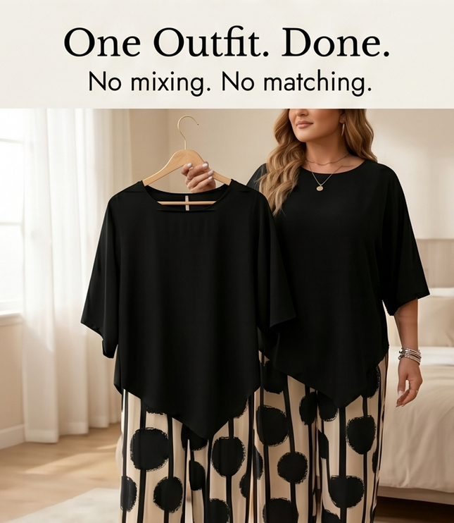 Women's Printed Wide Leg Pants with a Flowing Asymmetric Top