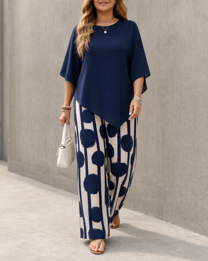 Women's Printed Wide Leg Pants with a Flowing Asymmetric Top