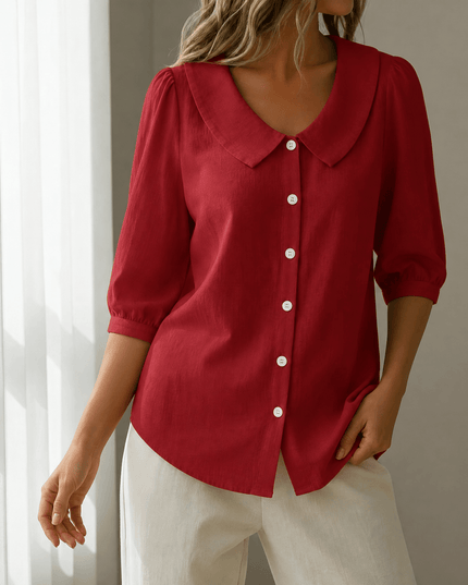 Women's Puff Sleeve Blouse with Elastic Cuffs and Collar