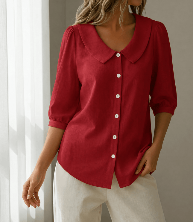 Women's Puff Sleeve Blouse with Elastic Cuffs and Collar
