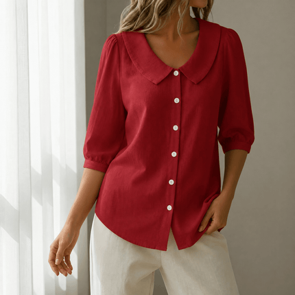 Women's Puff Sleeve Blouse with Elastic Cuffs and Collar