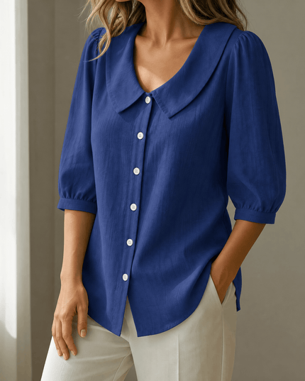 Women's Puff Sleeve Blouse with Elastic Cuffs and Collar