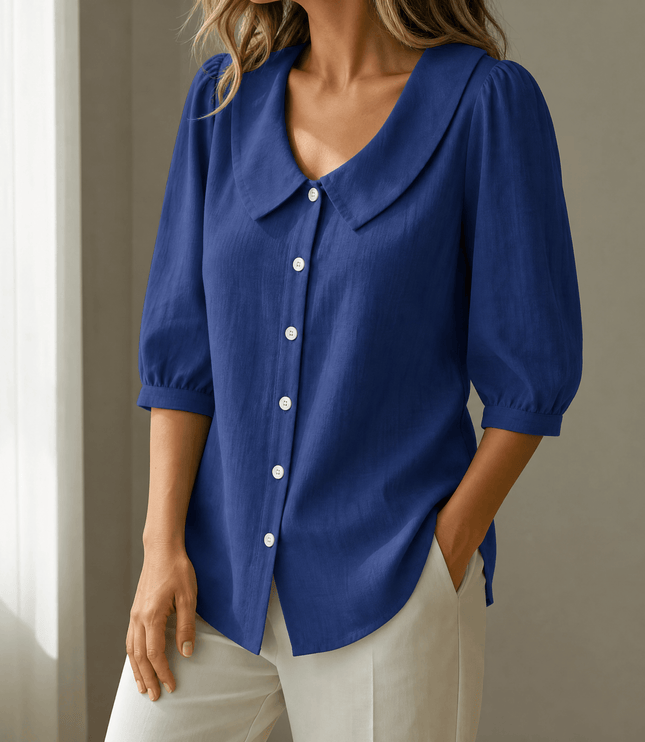 Women's Puff Sleeve Blouse with Elastic Cuffs and Collar