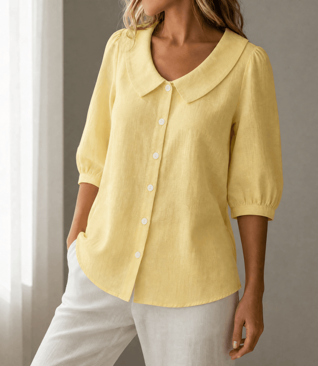Women's Puff Sleeve Blouse with Elastic Cuffs and Collar