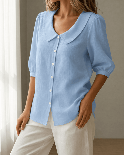 Women's Puff Sleeve Blouse with Elastic Cuffs and Collar