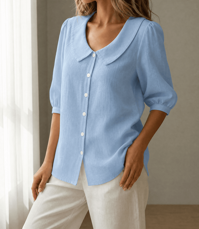 Women's Puff Sleeve Blouse with Elastic Cuffs and Collar