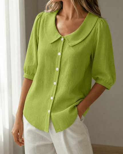 Women's Puff Sleeve Blouse with Elastic Cuffs and Collar