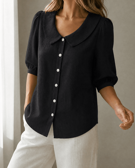 Women's Puff Sleeve Blouse with Elastic Cuffs and Collar