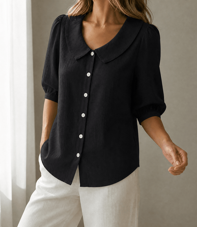 Women's Puff Sleeve Blouse with Elastic Cuffs and Collar