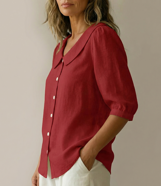 Women's Puff Sleeve Blouse with Elastic Cuffs and Collar