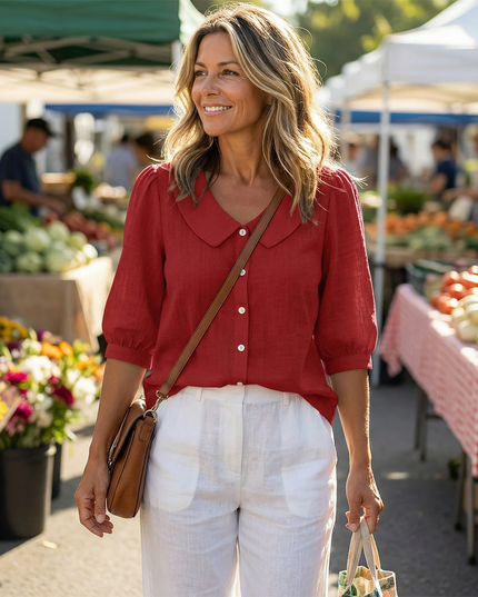 Women's Puff Sleeve Blouse with Elastic Cuffs and Collar