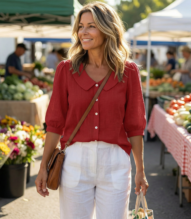 Women's Puff Sleeve Blouse with Elastic Cuffs and Collar