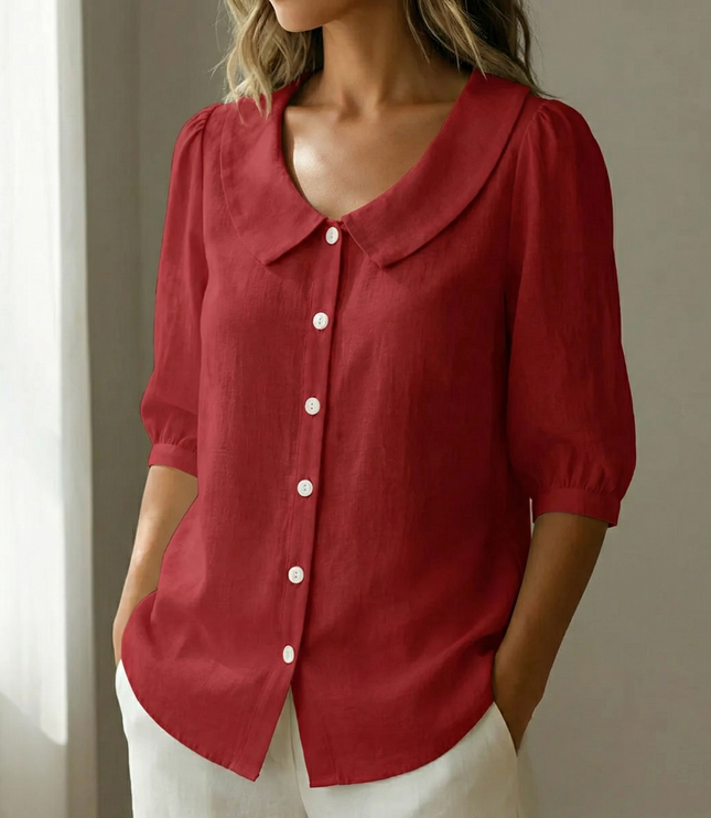 Women's Puff Sleeve Blouse with Elastic Cuffs and Collar