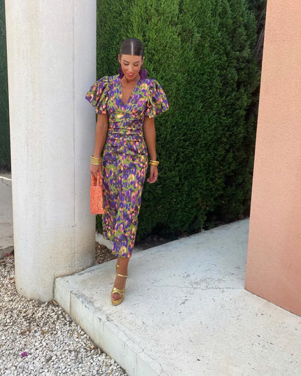 Women's Puff Sleeve Floral Midi Dress with Ruched Waist