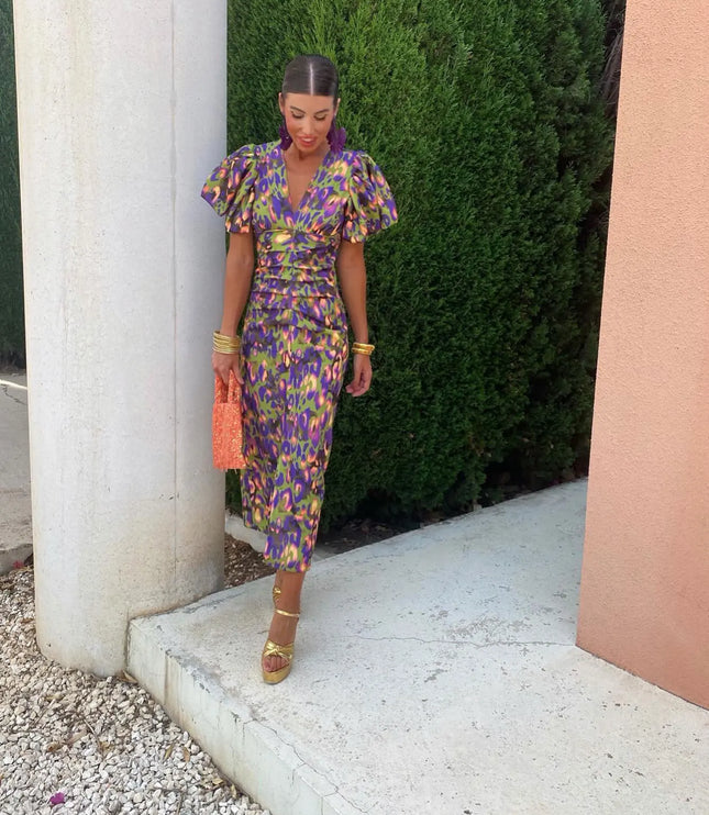 Women's Puff Sleeve Floral Midi Dress with Ruched Waist