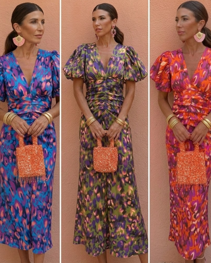 Women's Puff Sleeve Floral Midi Dress with Ruched Waist