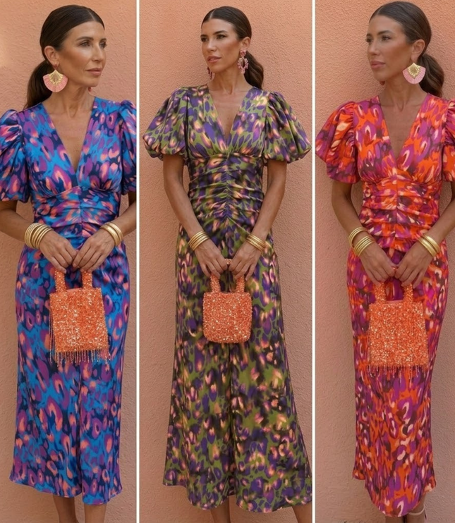 Women's Puff Sleeve Floral Midi Dress with Ruched Waist
