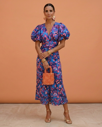 Women's Puff Sleeve Floral Midi Dress with Ruched Waist